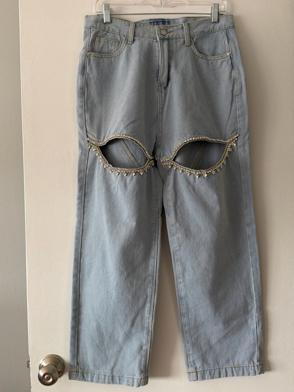 Y2K Rhinestone Cut Out Knee Jeans Light Wash Denim Heart Detail Size Large